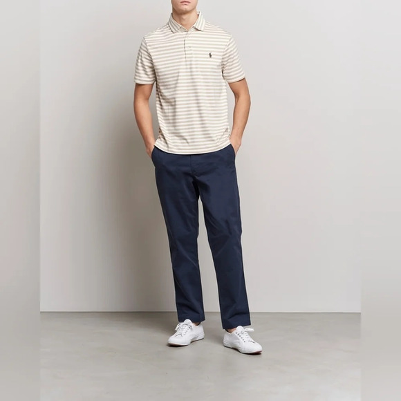 POLO RALPH LAUREN-Luxury Pima Cotton Striped  Polo Beige/White - Picture 1 of 8